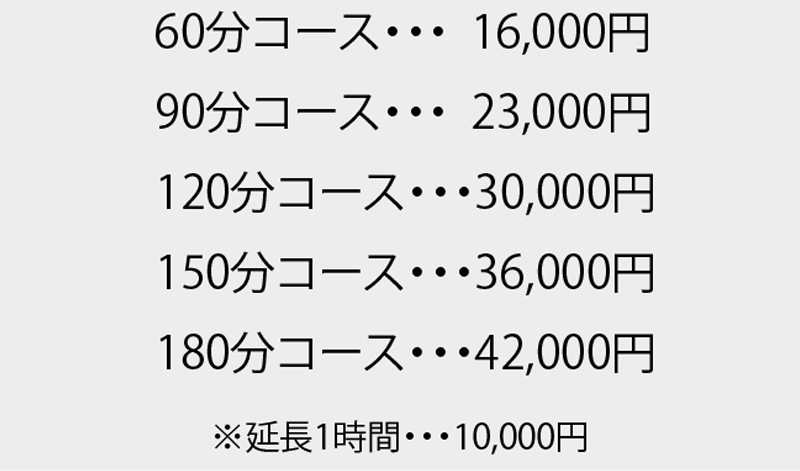 ヘルスコース 60分コース16,000円/90分コース23,000円/120分コース30,000円/150分コース36,000円/180分コース42,000円