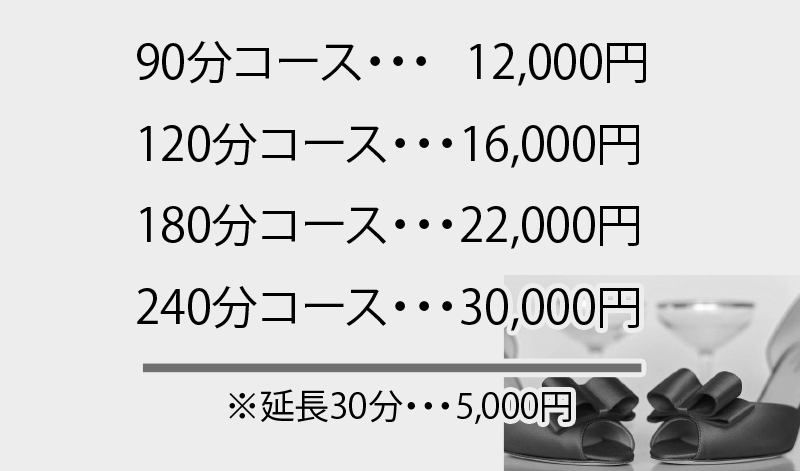 90分コース12,000円/120分コース16,000円/180分コース22,000円/240分コース30,000円